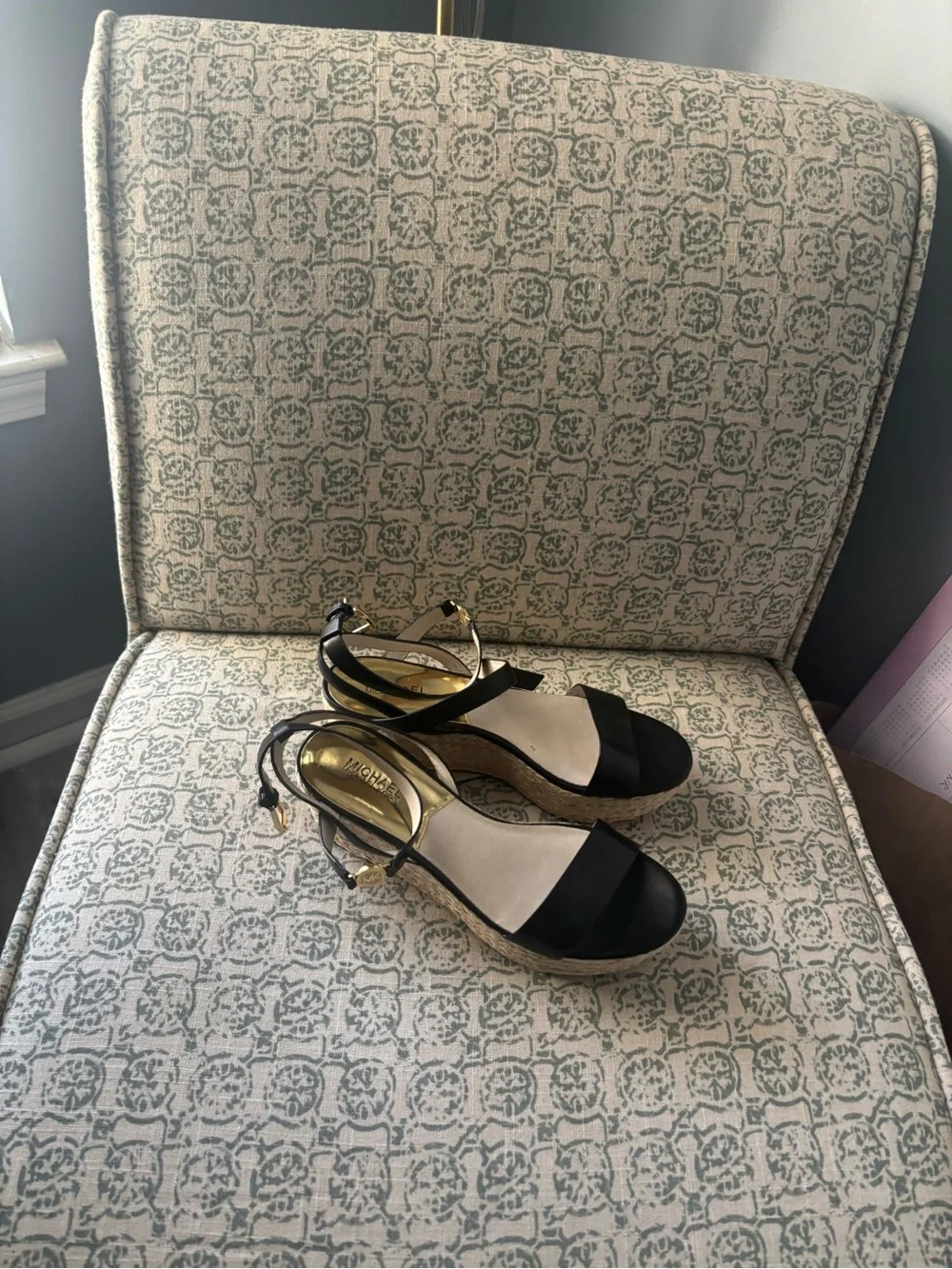 MICHAEL Michael Kors Black Leather Espadrille Wedge Sandals